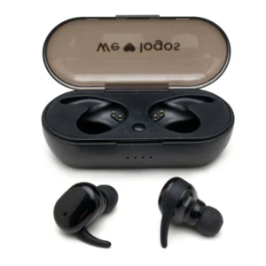 Auriculares inalámbricos tipo earbuds con estuche de carga compacto y tapa abatible