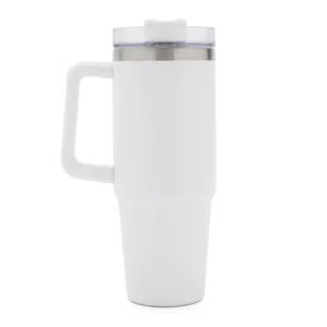 Mug de gran formato con tapa y sorbete de acero inoxidable, construcción de doble pared y exterior esmaltado