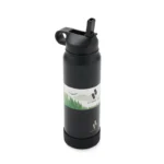 Botella con doble pared de acero inoxidable, tapa a rosca con manija y base de silicona, vista frontal