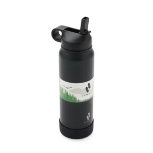 Botella con doble pared de acero inoxidable, tapa a rosca con manija y base de silicona, vista frontal