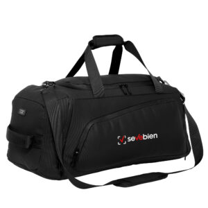 Bolso deportivo oscuro visto en ángulo, con asa doble, correa acolchada, bolsillos con cierre y diseño frontal de muestra