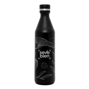 Botella térmica de acero inoxidable con doble apertura a rosca, cuerpo cilíndrico y acabado mate
