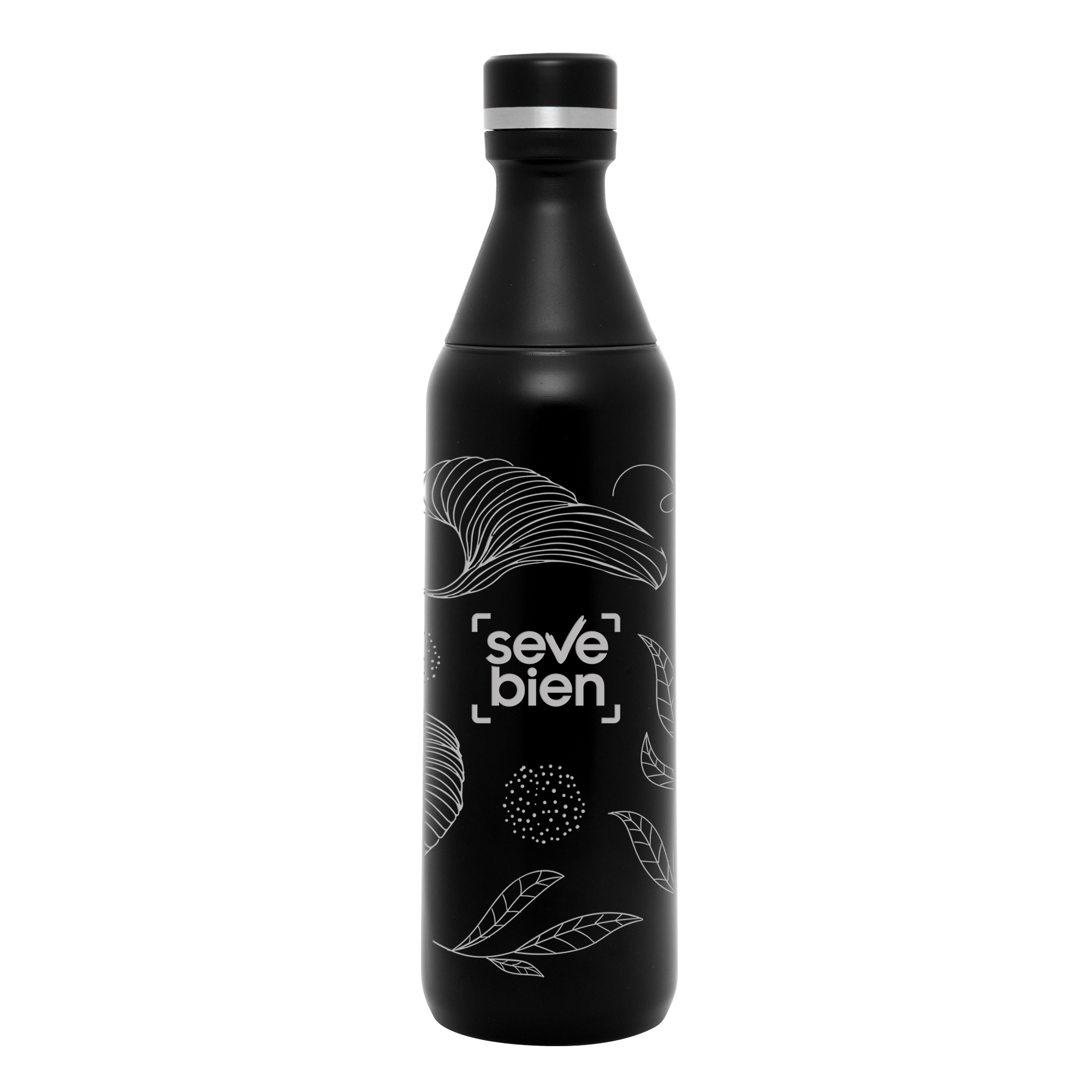 Botella térmica de acero inoxidable con doble apertura a rosca, cuerpo cilíndrico y acabado mate
