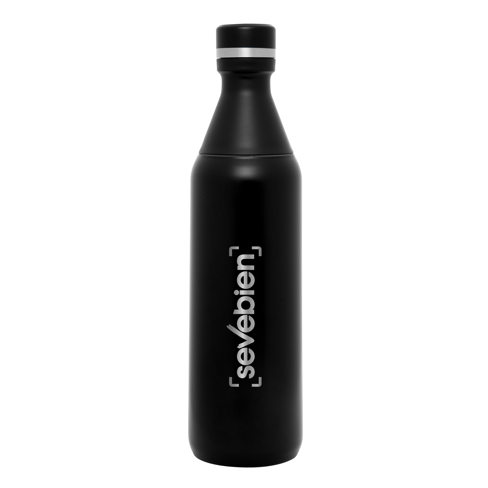 Botella térmica negra con logo vertical de muestra