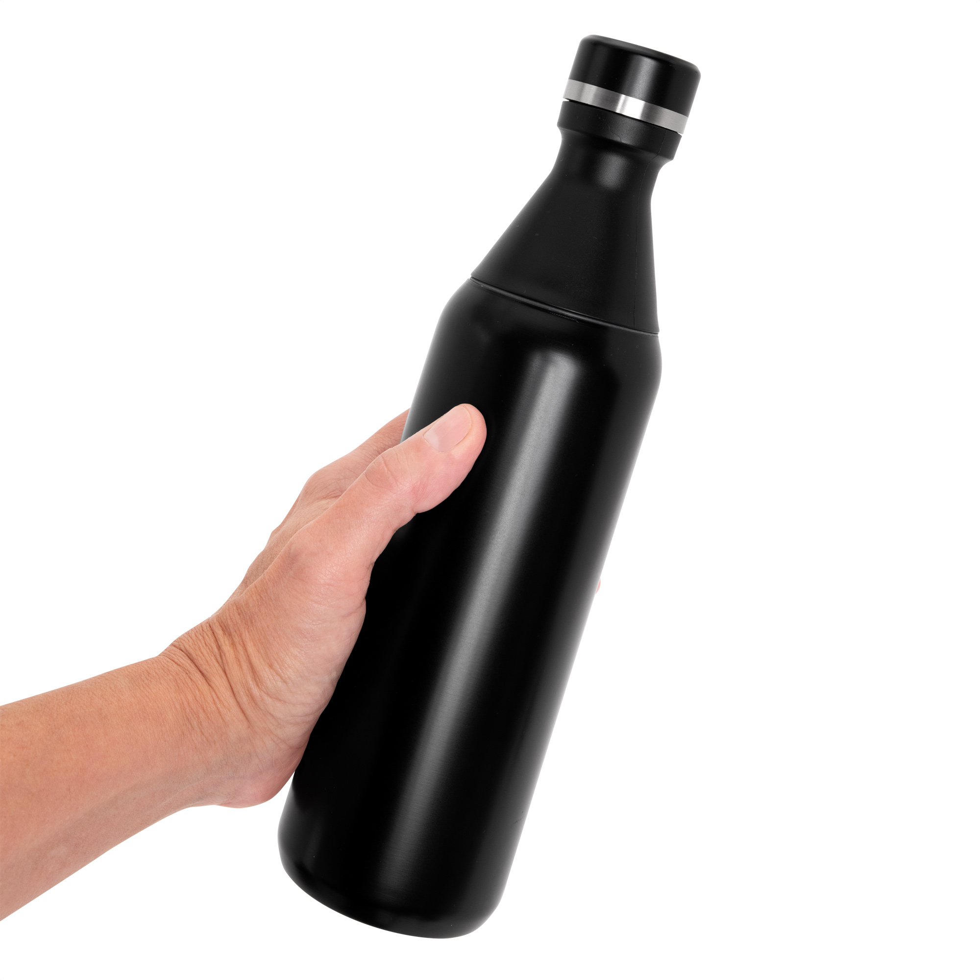 Botella térmica desmontada para mostrar sus dos aperturas a rosca