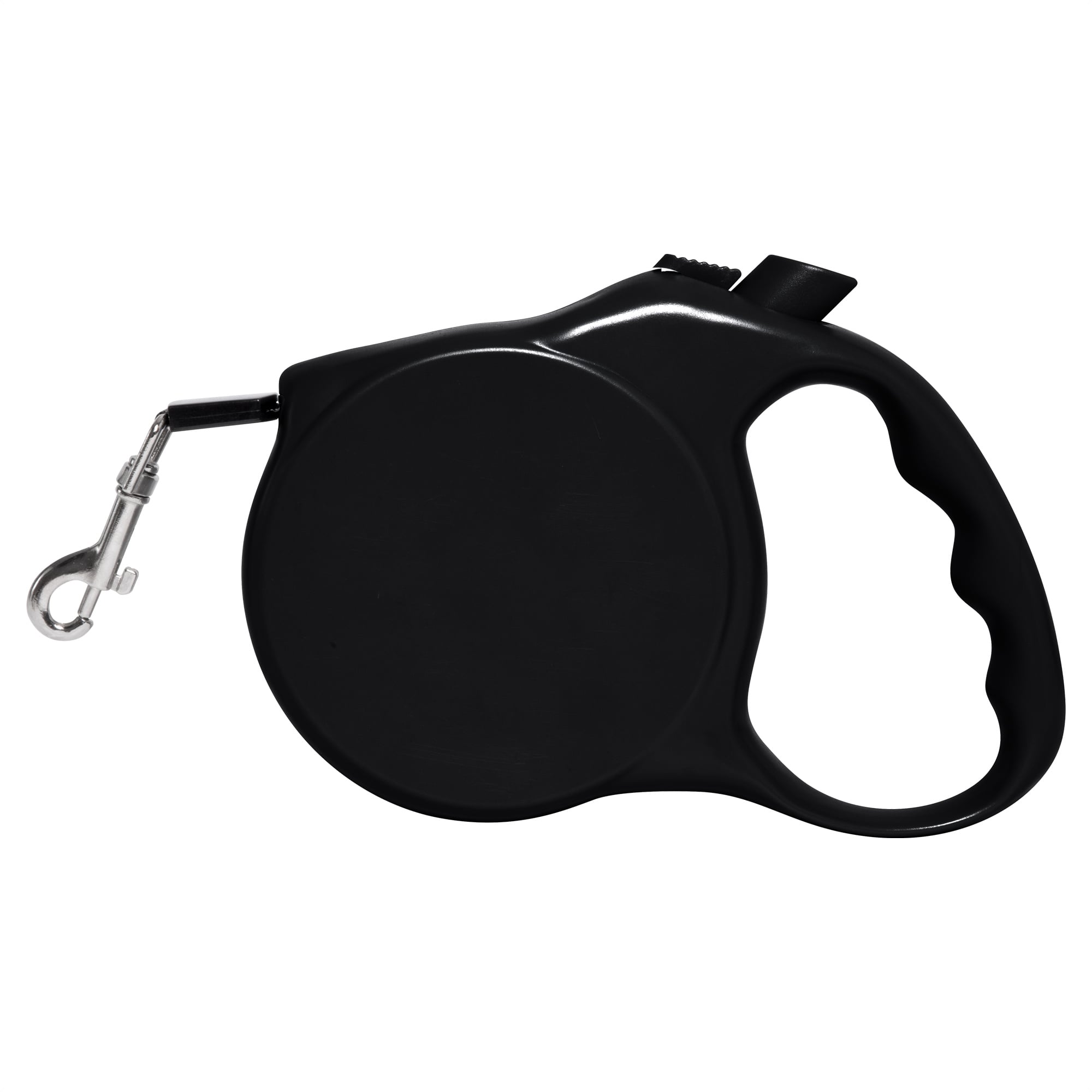 Correa retráctil negra vista de lado sin logo, con carcasa circular lisa, mango ergonómico y gancho metálico