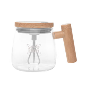 Taza mezcladora con vaso de vidrio de borosilicato, tapa de plástico con botón y asa con batidor integrado