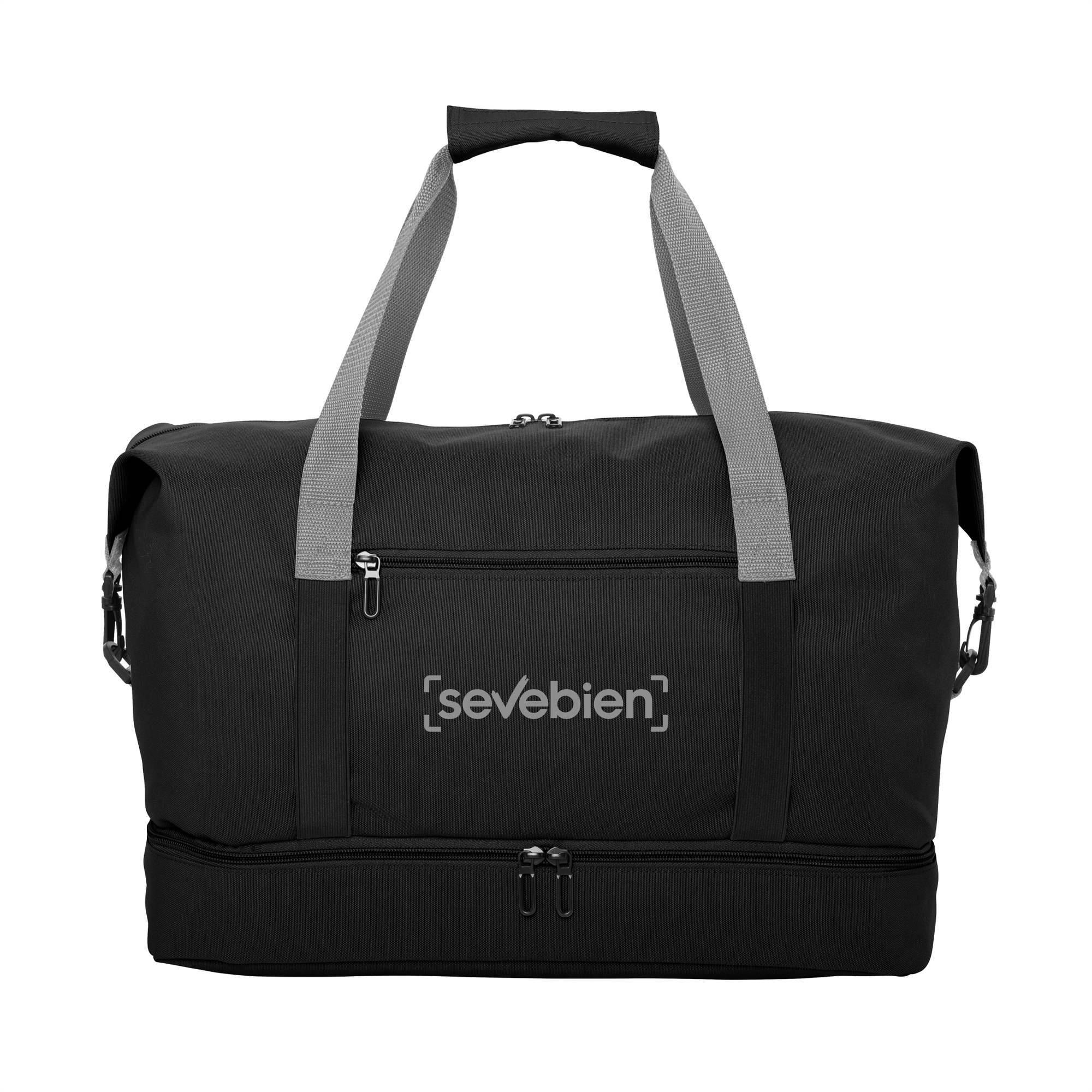Bolso deportivo negro visto de frente con logo de muestra