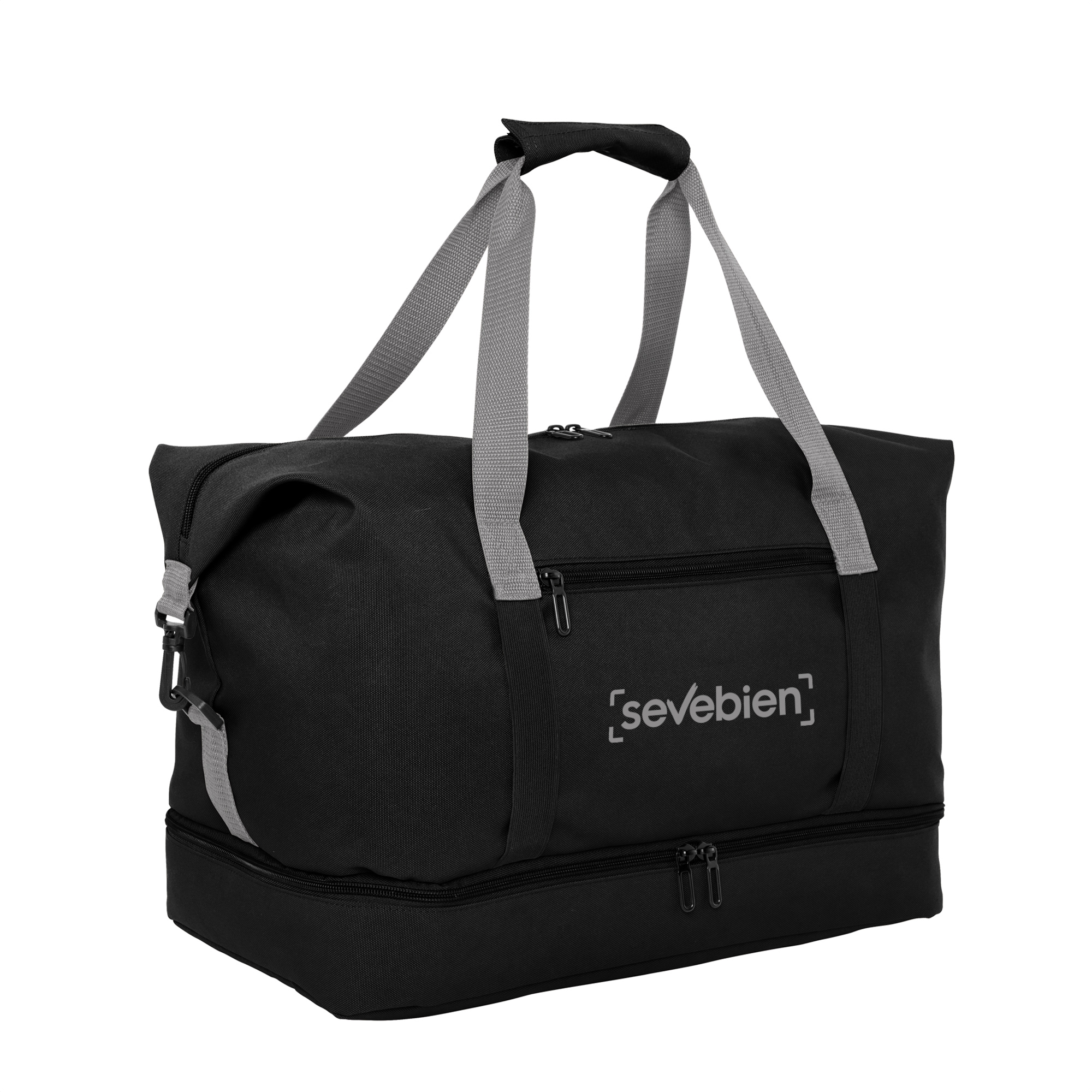 Bolso deportivo oscuro de frente, con asas grises, bolsillo frontal, compartimento inferior y diseño de muestra