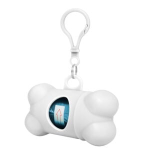 Dispensador con forma de hueso en perspectiva, con ventana que deja ver el rollo de bolsas y mosquetón plástico