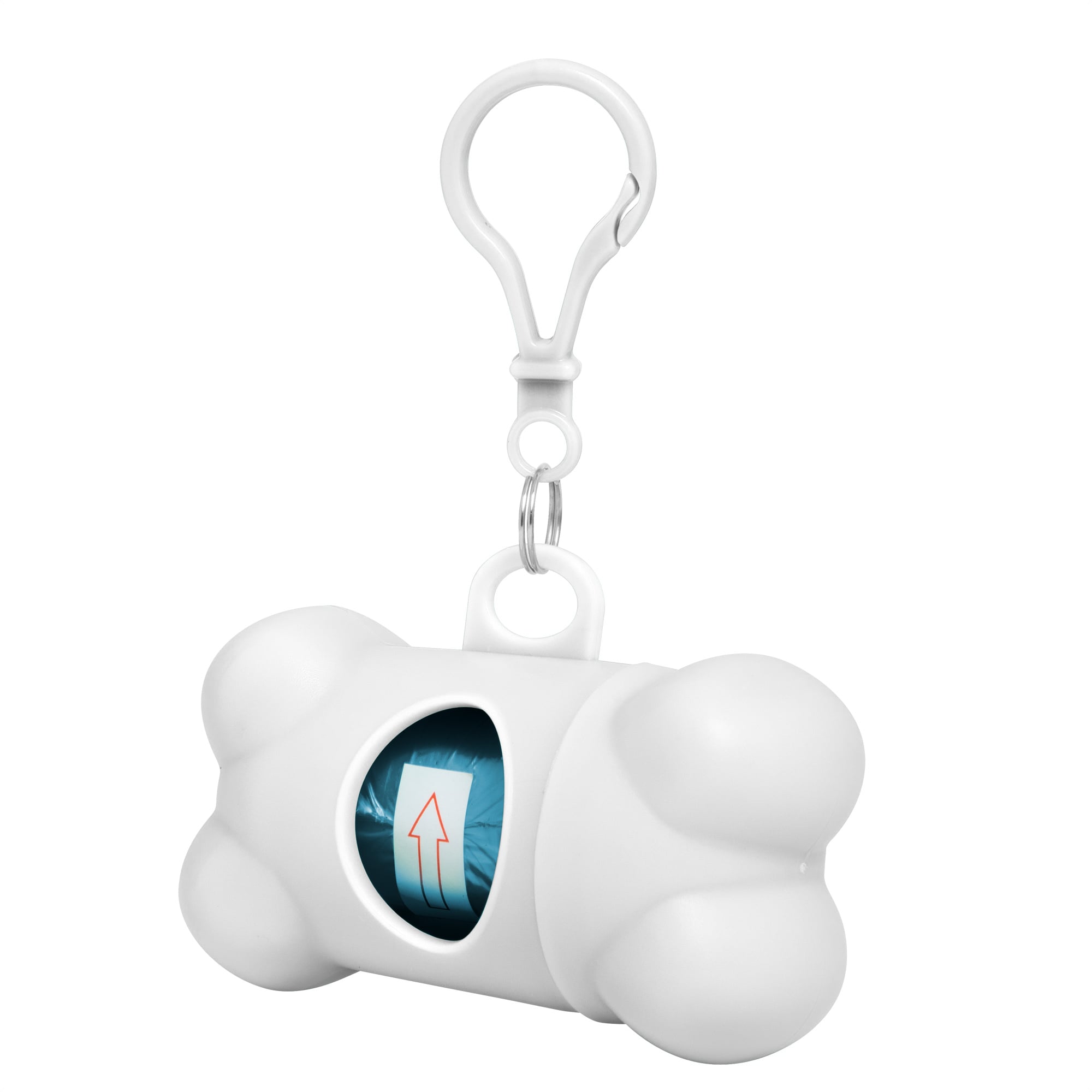 Dispensador con forma de hueso en perspectiva, con ventana que deja ver el rollo de bolsas y mosquetón plástico