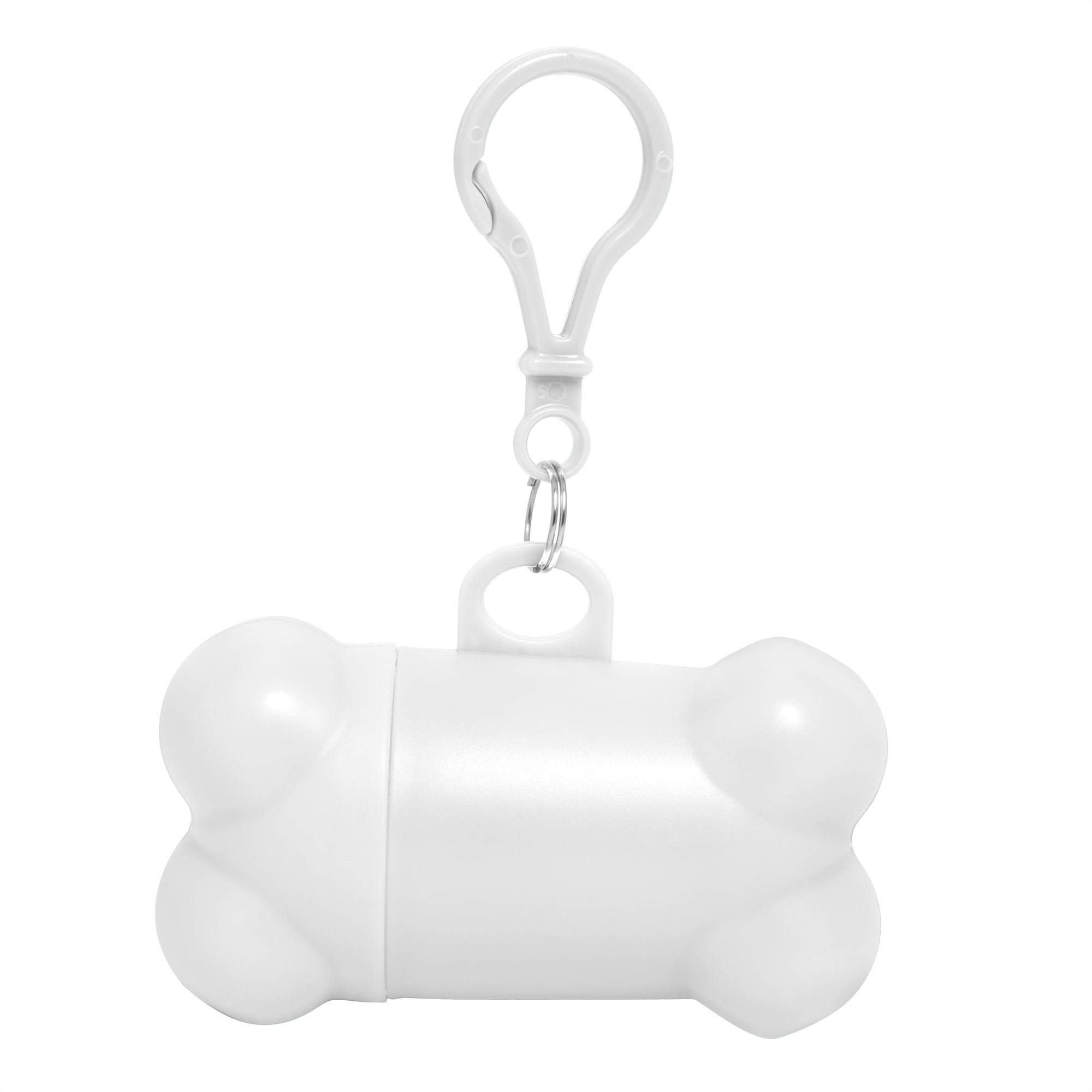 Dispensador blanco con forma de hueso de frente, cuerpo liso sin marca y gancho plástico blanco