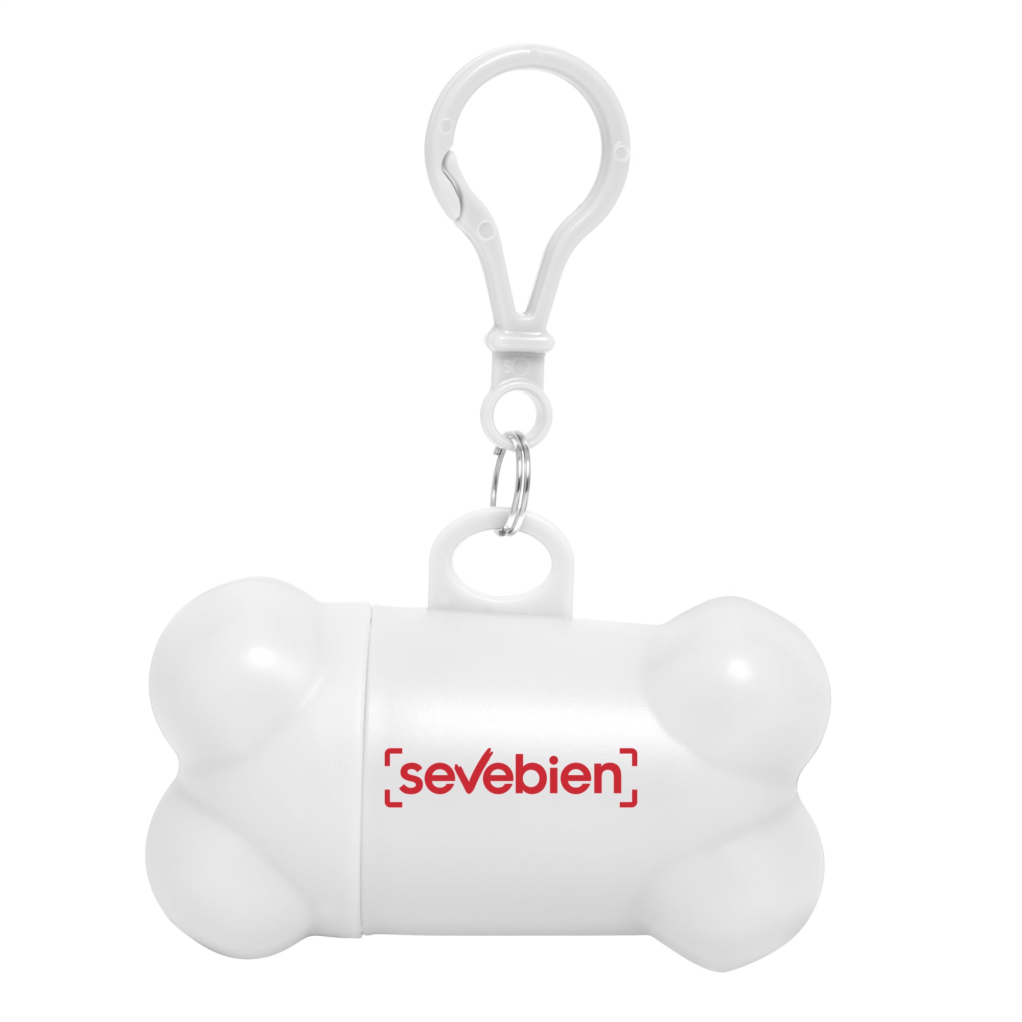 Dispensador blanco con forma de hueso de frente, con un logo de muestra impreso en el cuerpo y mosquetón arriba