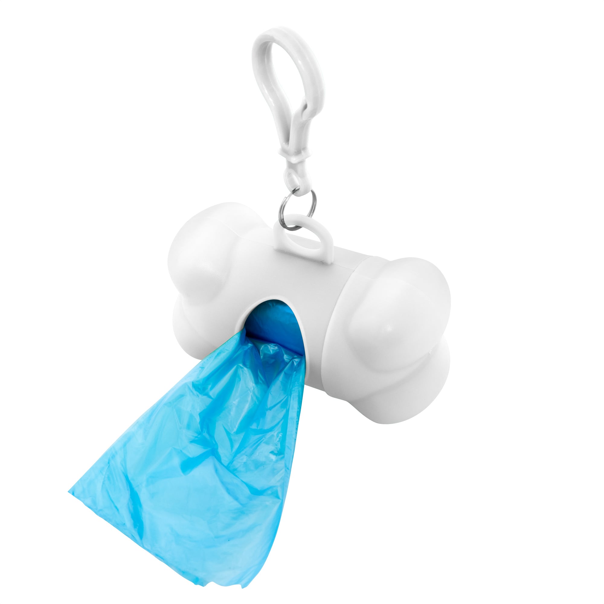Dispensador blanco tipo hueso con una bolsa celeste desplegada saliendo por la ventana lateral