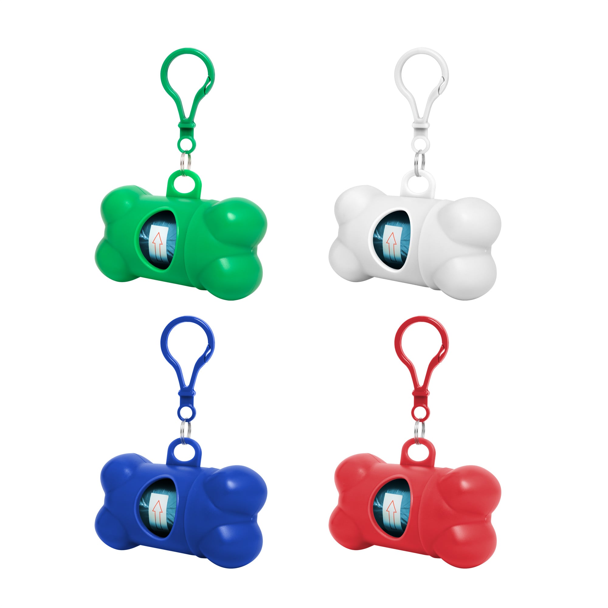Cuatro dispensadores con forma de hueso en verde, blanco, azul y rojo, cada uno con gancho del mismo color