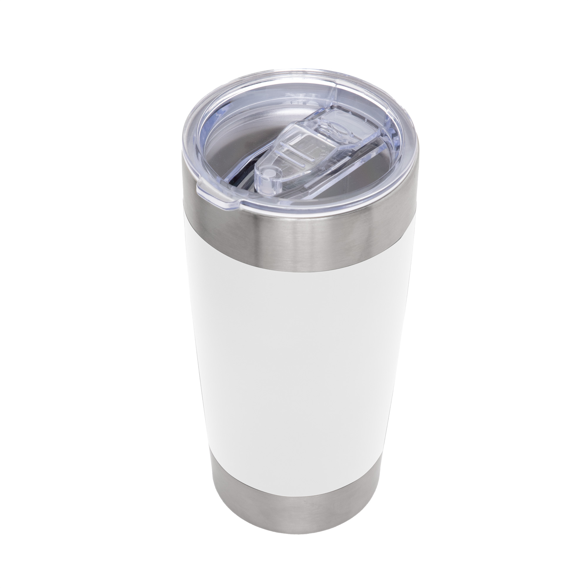 Mug térmico blanco visto desde arriba con tapa transparente
