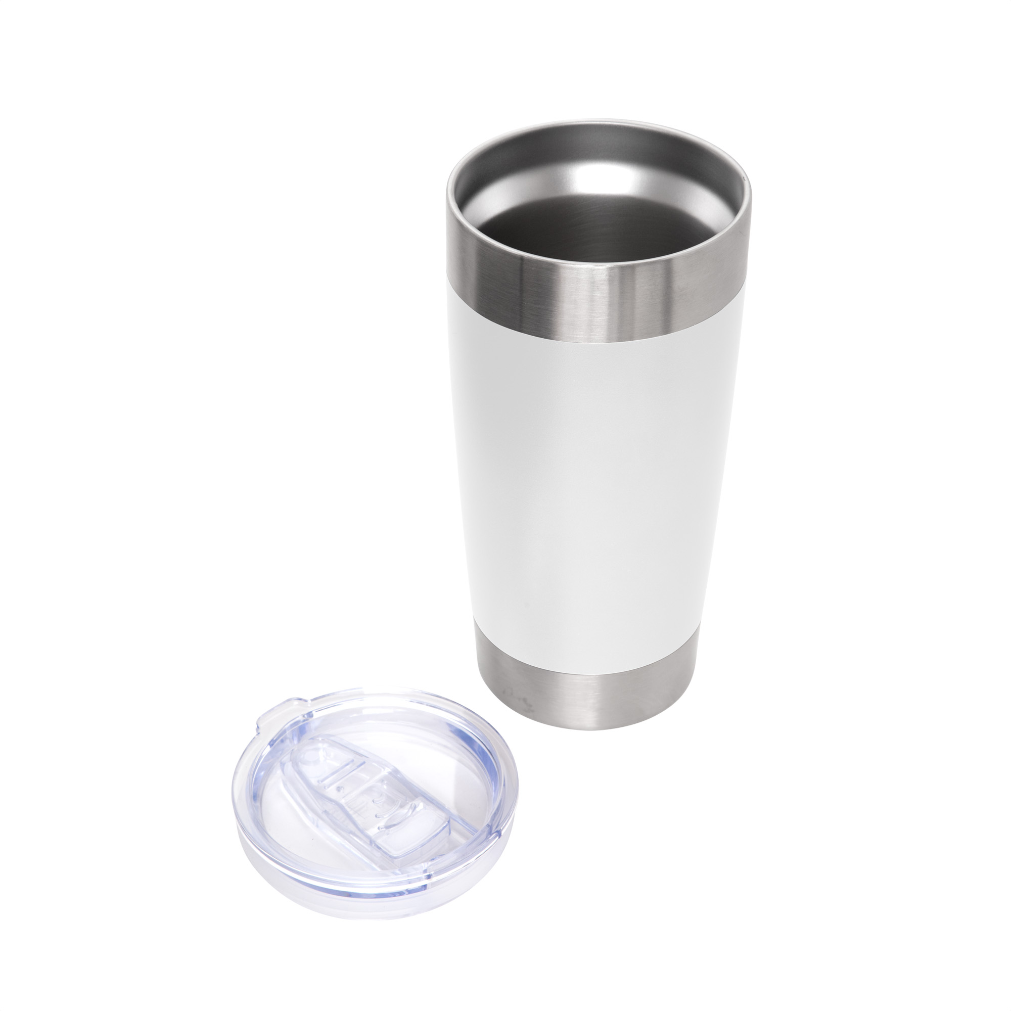 Mug térmico blanco abierto con la tapa transparente separada