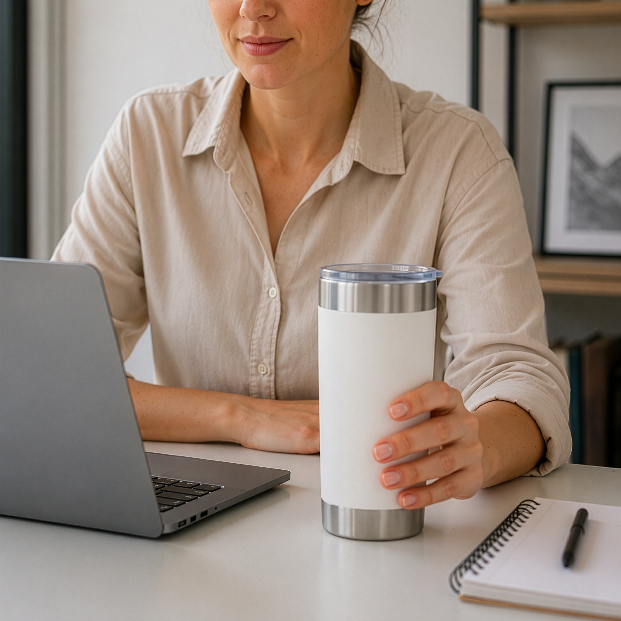 Persona usando un mug térmico blanco junto a un computador